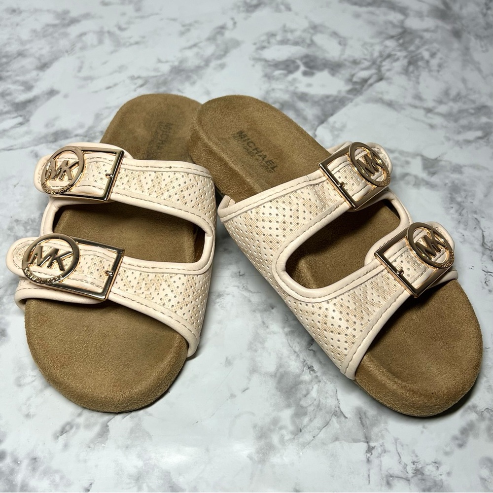 Michael Kors Zoria Blush Velcro Strap MK Monogram Logo Slip On Sandal Shoes EUC